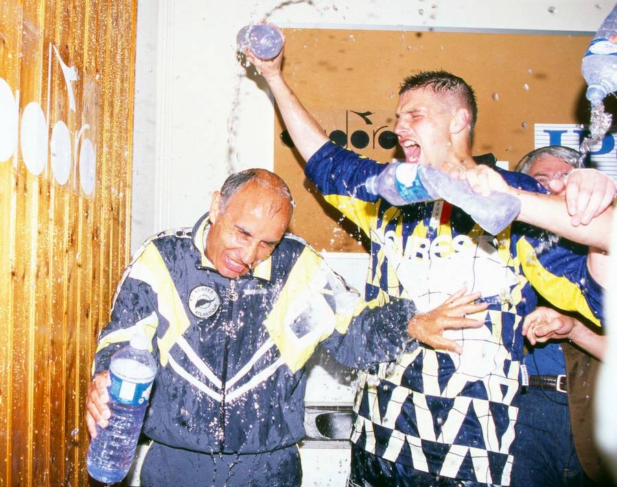 Coco Suaudeau et Dominique Casagrande fête le titre de champion du FC Nantes, mai 1995